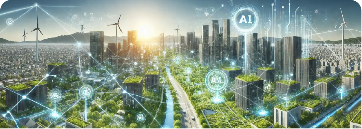 AI-powered sustainable smart city with connected infrastructure, renewable energy and intelligent urban networks